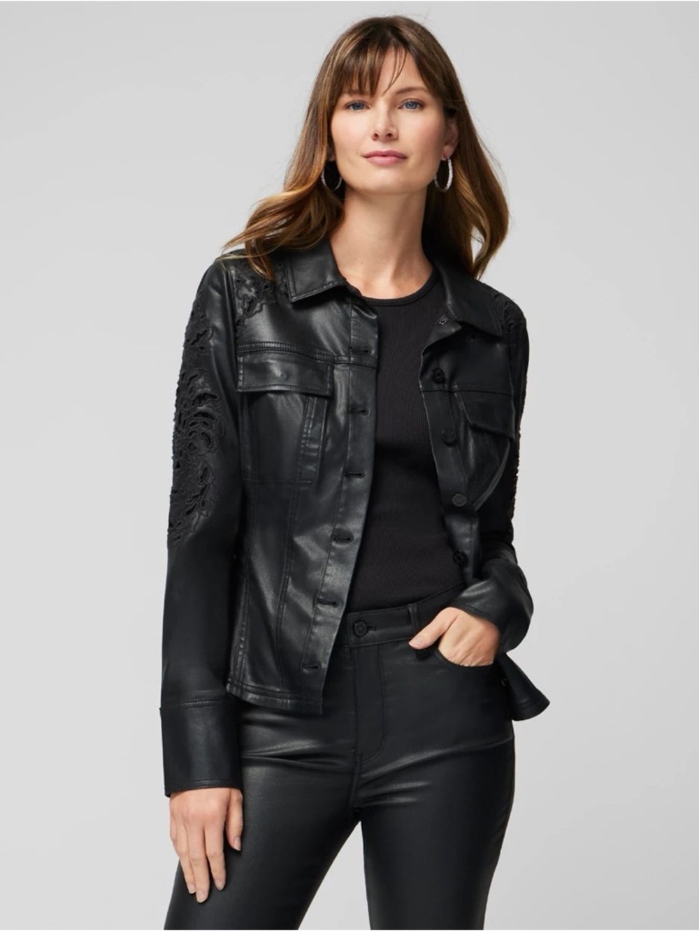 White House Black Market Faux Leather Moto Jacket Large Black Laser Cut Peplum